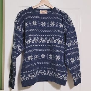 VTG Woolrich wool blend Fair Isle Nordic Blue‎ sweater snowflakes reindeer Sz M